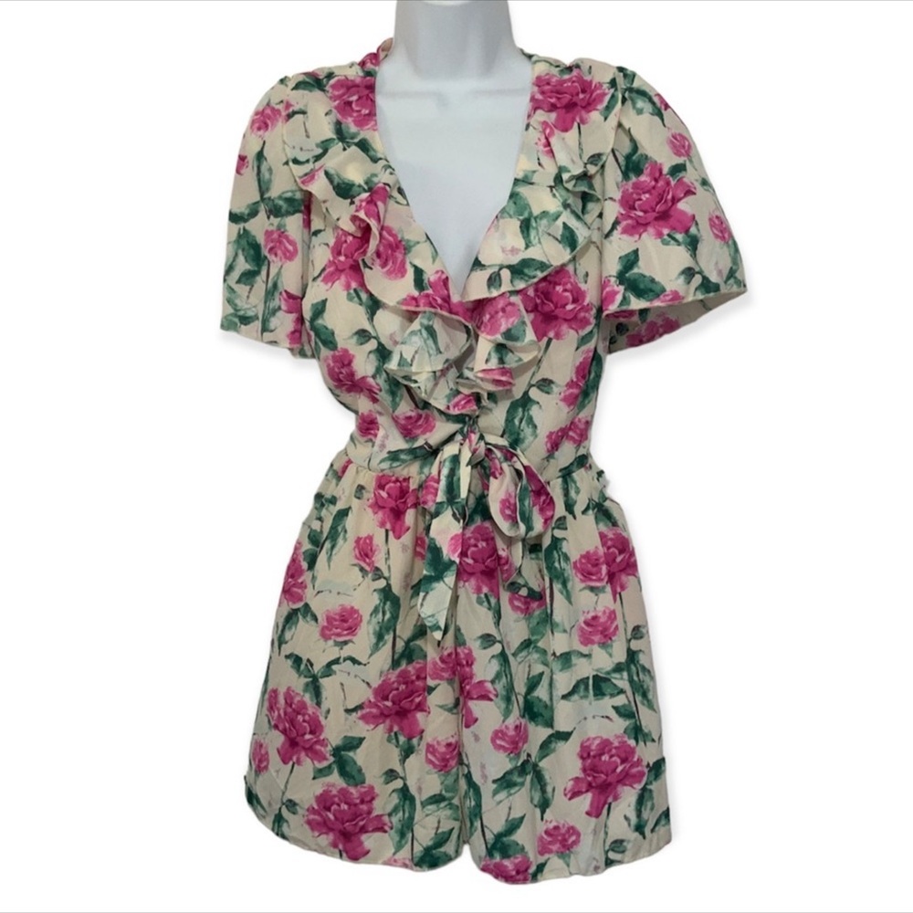 Fashion Nova Cream Floral Ruffle Romper with Pink Roses